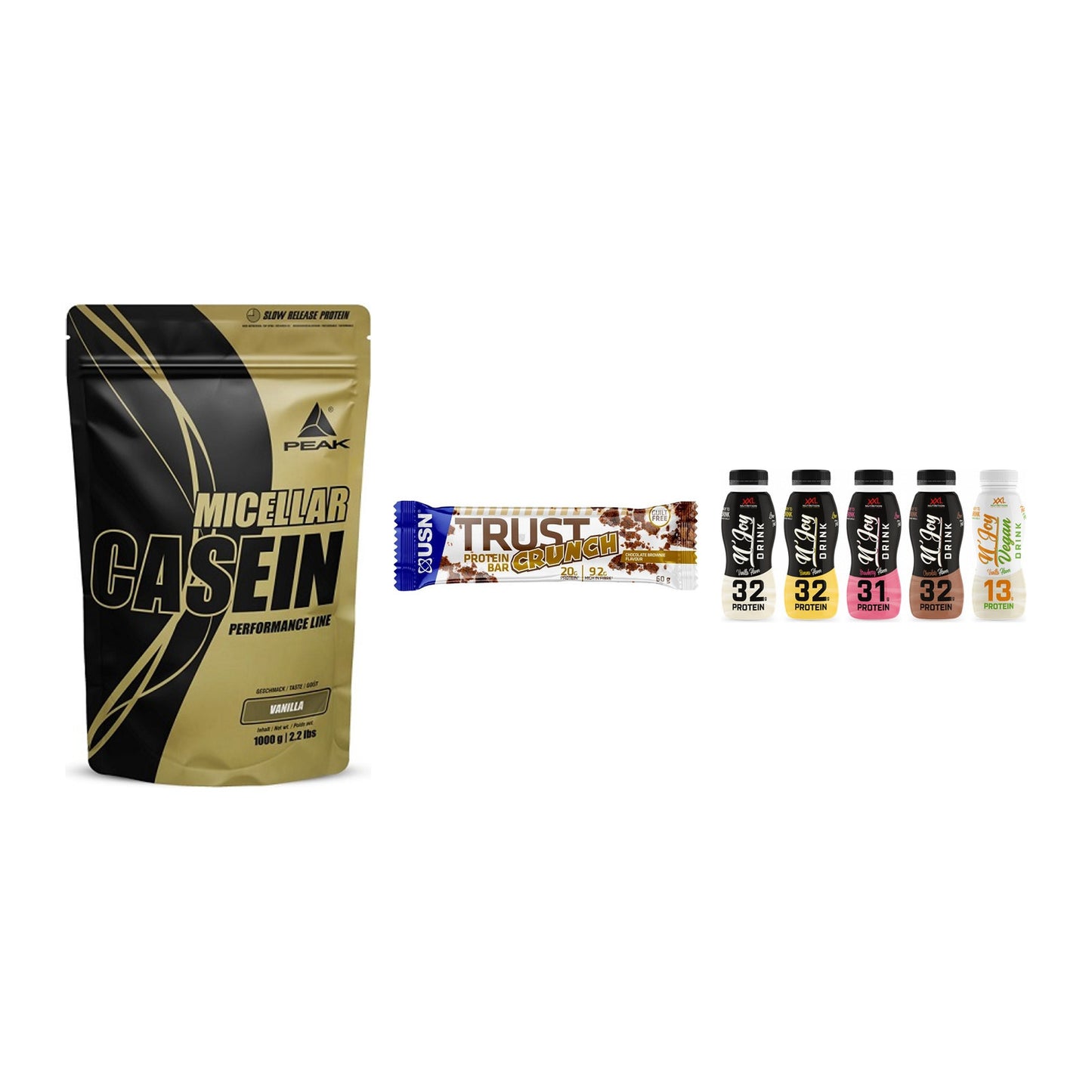 Schokolade Geschmacks-Trio: Peak Micellar + 3× USN TRUST + 1 weitere – alle enthaltenen Artikel