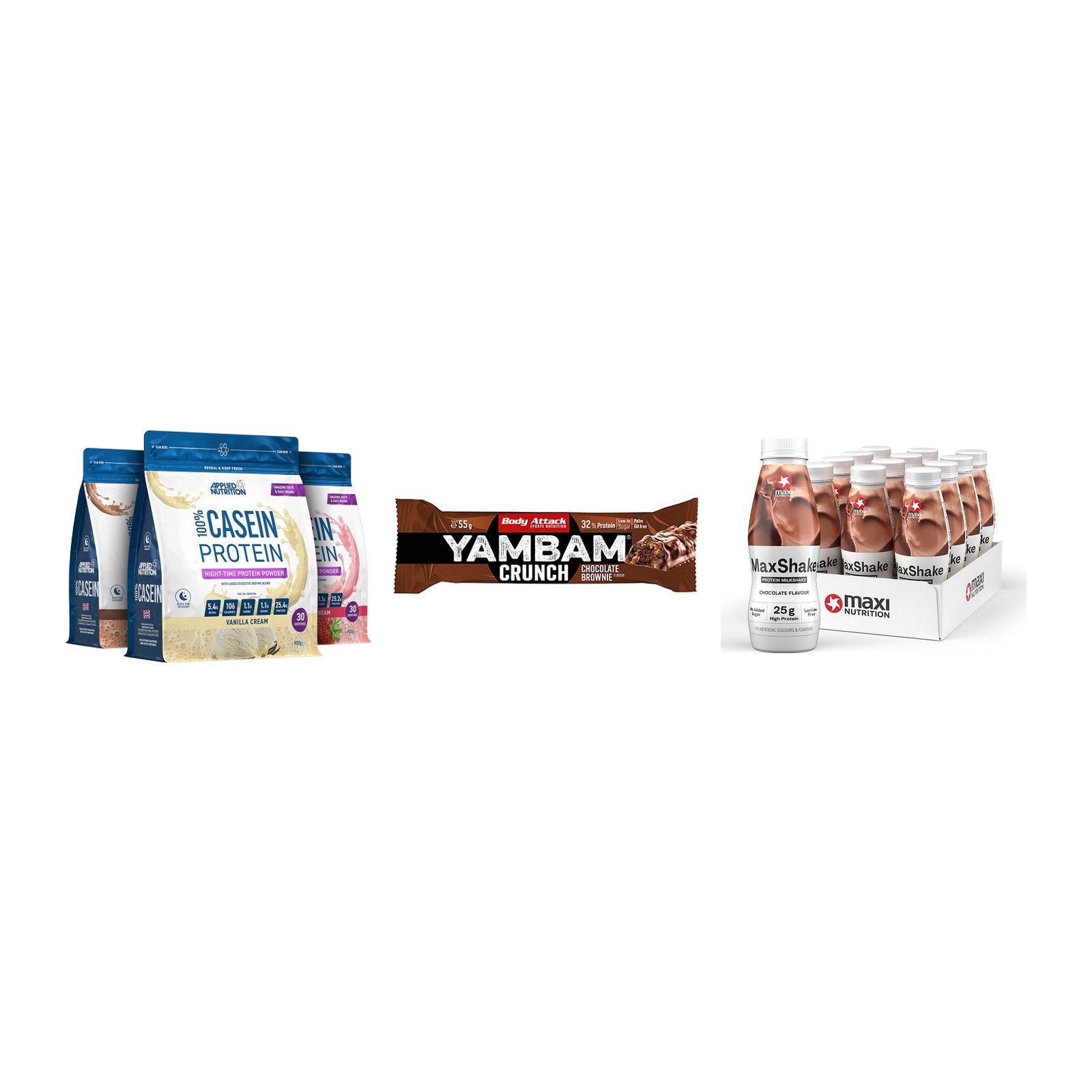 Schokolade Geschmacks-Trio: Applied + 3× Body Attack + 2× MaxiNutritio – alle enthaltenen Artikel