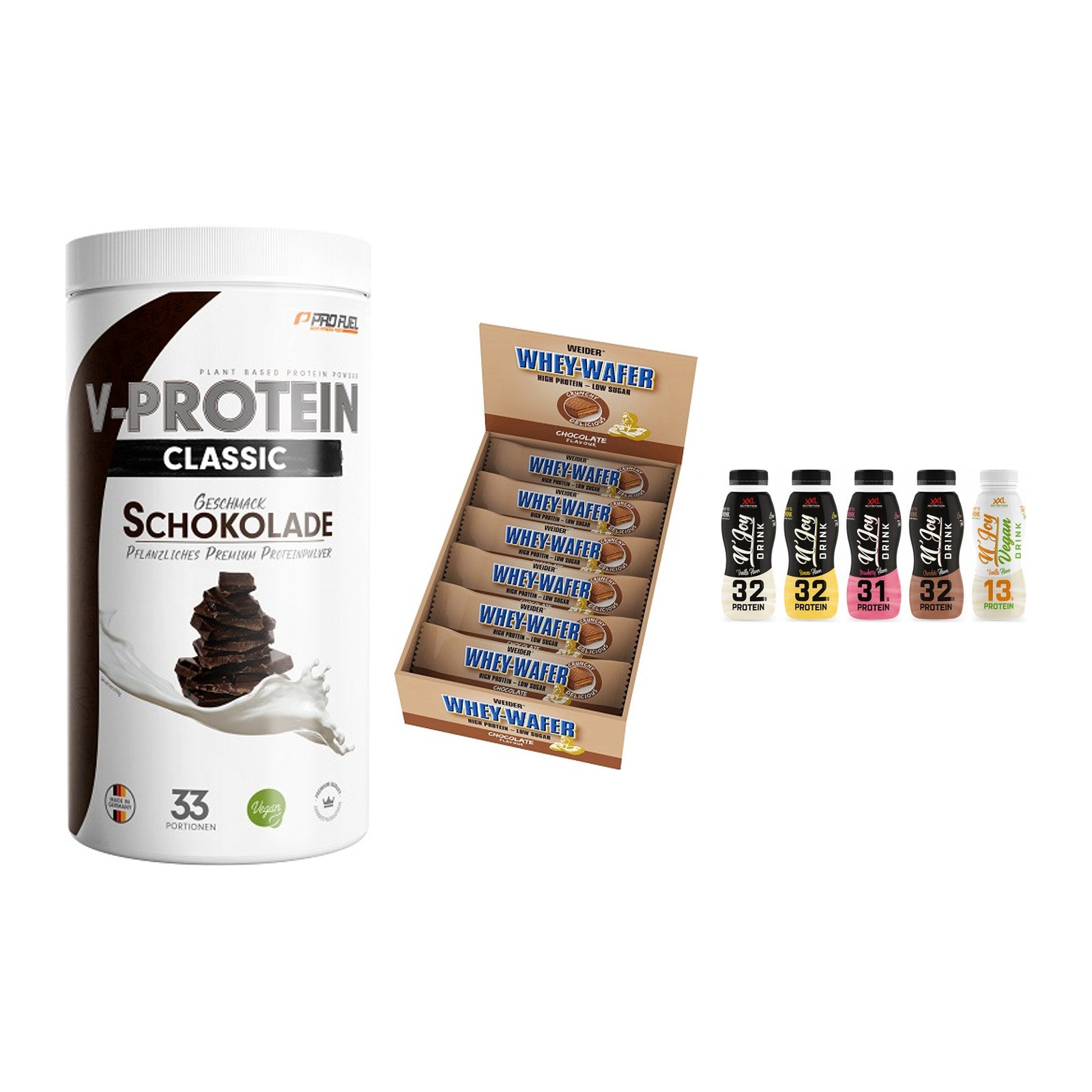 Schokolade Geschmacks-Trio: ProFuel + 3× Weider Whey + 2× XXL Nutritio – alle enthaltenen Artikel