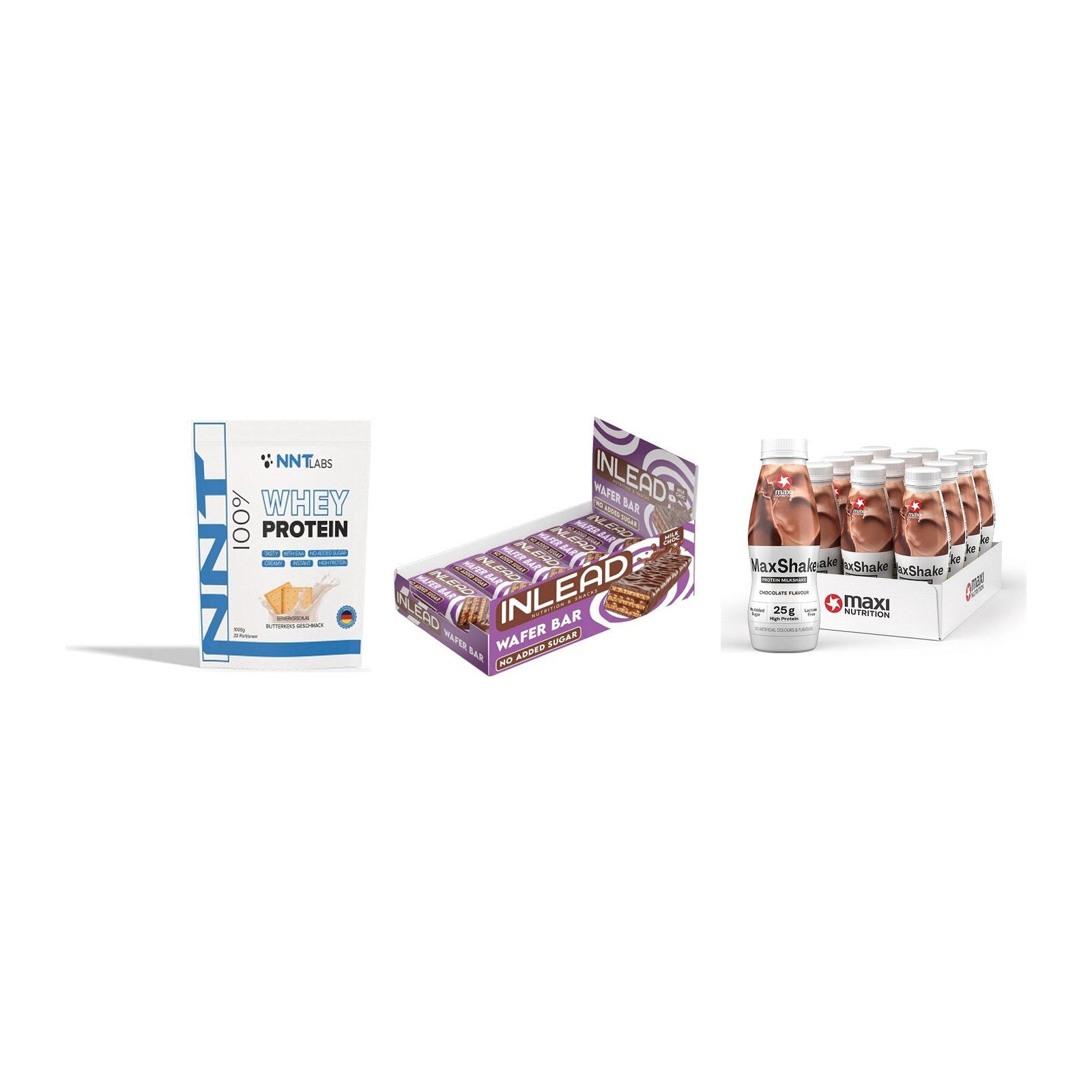 Schokolade Geschmacks-Trio: NNT Whey + 3× INLEAD Wafer Bar + 1 weitere – alle enthaltenen Artikel
