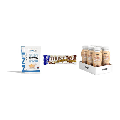 Schokolade Geschmacks-Trio: NNT Whey + 3× USN TRUST + 2× Weider PROTE – alle enthaltenen Artikel