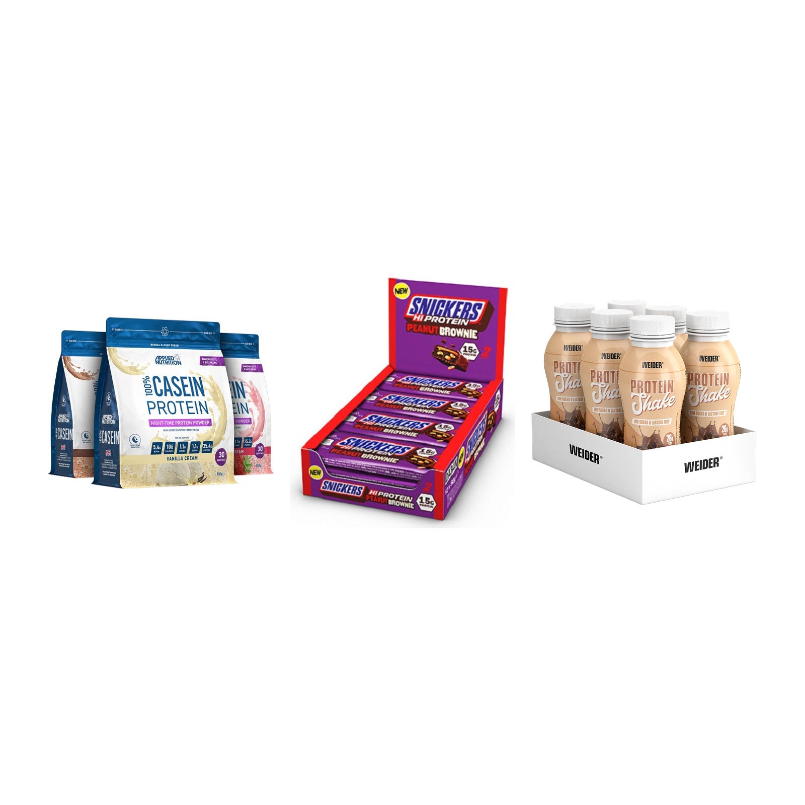 Schokolade Geschmacks-Trio: Applied + 3× Snickers + 2× Weider PROTE – alle enthaltenen Artikel