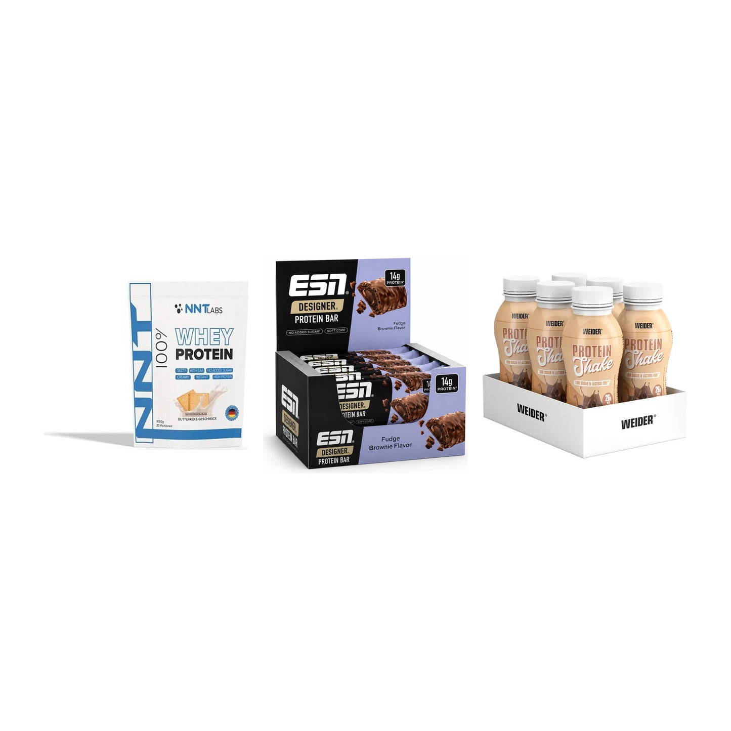 Schokolade Geschmacks-Trio: NNT Whey + 3× ESN Designer Bar + 1 weitere – alle enthaltenen Artikel