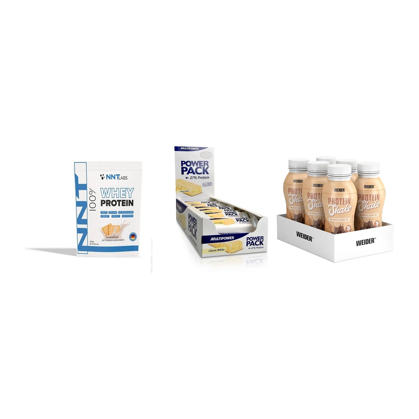 Schokolade Geschmacks-Trio: NNT Whey + 3× Multipower + 2× Weider PROTE – alle enthaltenen Artikel