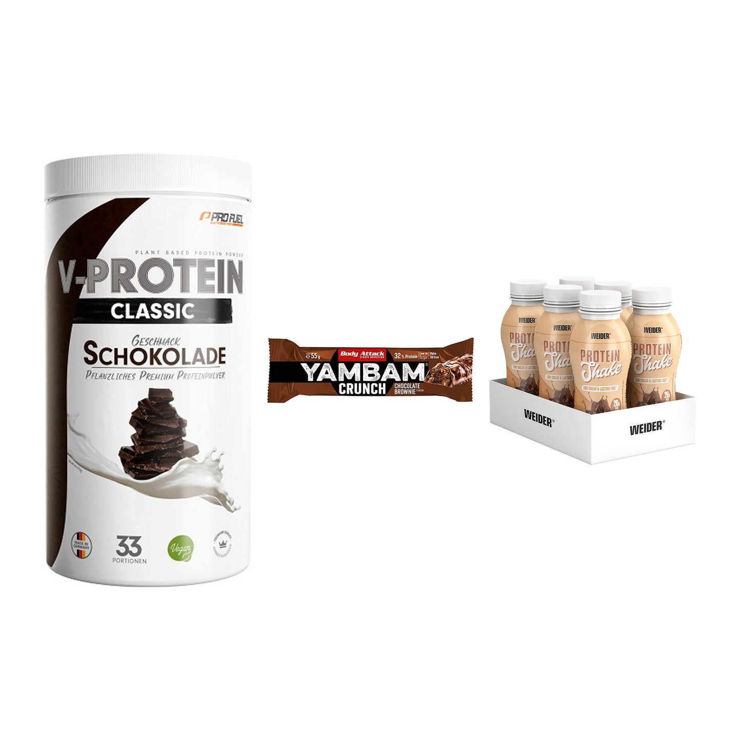 Schokolade Geschmacks-Trio: ProFuel + 3× Body Attack + 2× Weider PROTE – alle enthaltenen Artikel
