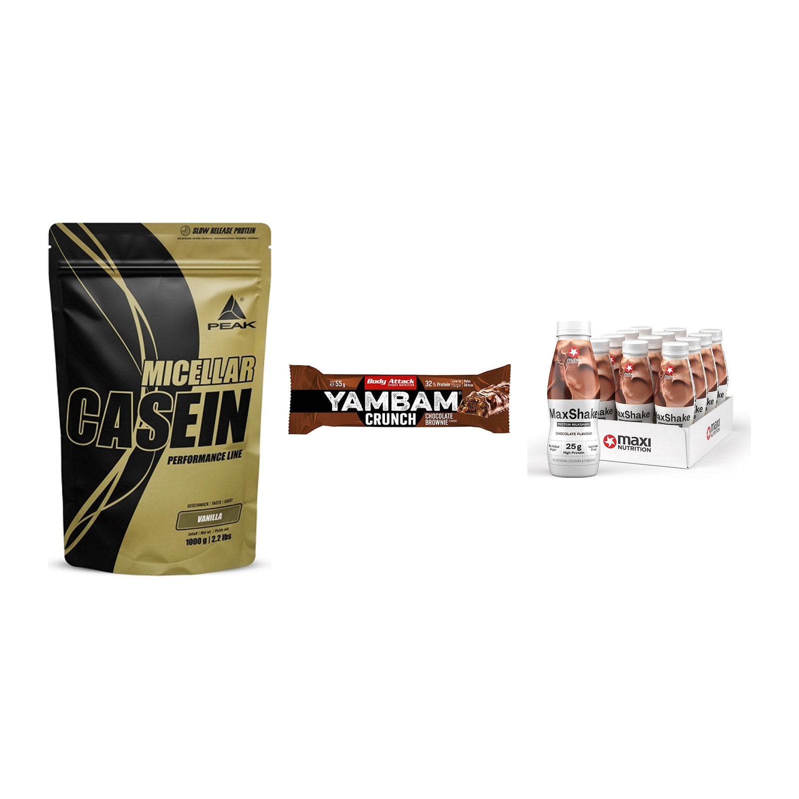 Schokolade Geschmacks-Trio: Peak Micellar + 3× Body Attack + 1 weitere – alle enthaltenen Artikel
