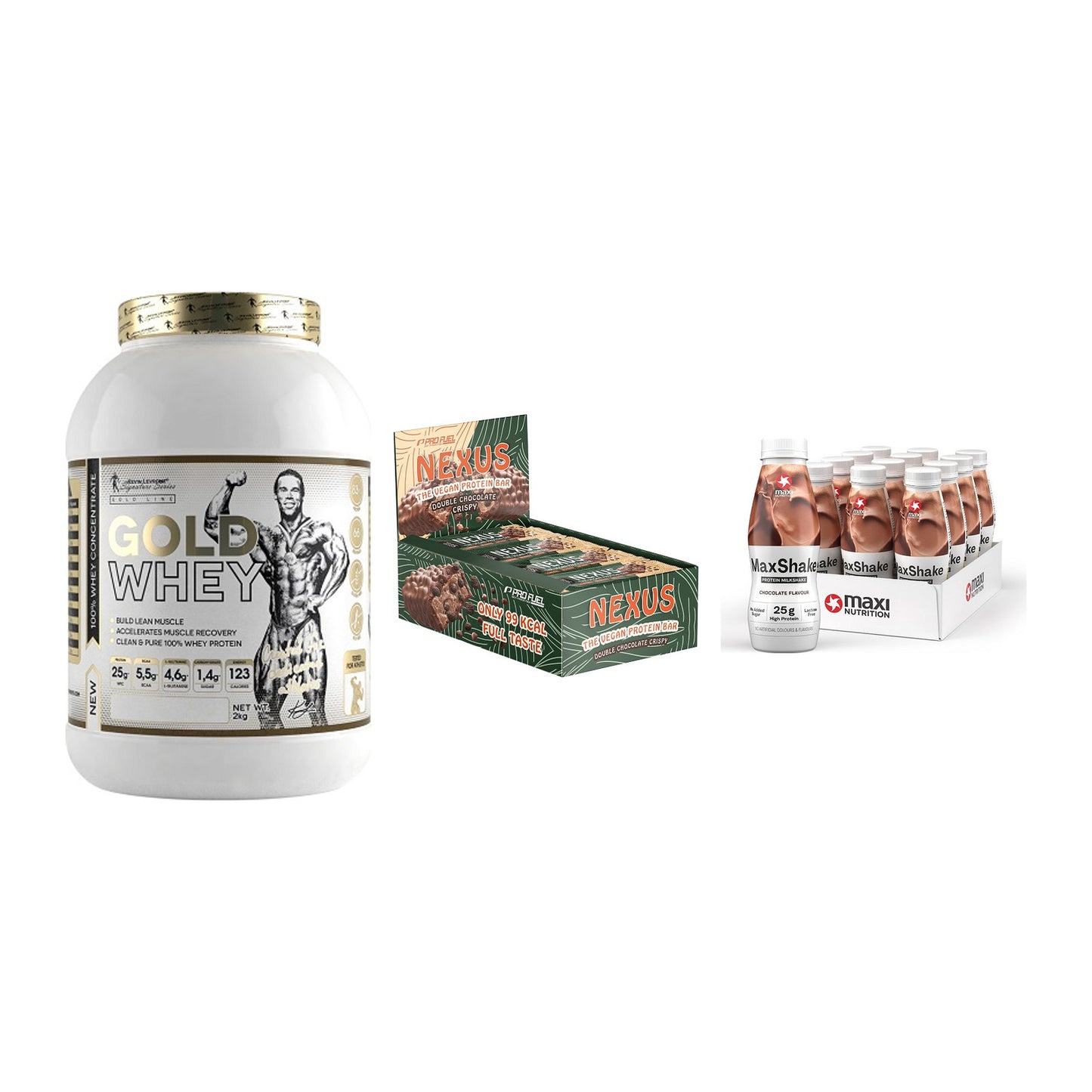 Schokolade Geschmacks-Trio: Kevin Levrone Gold Whey + 2 weitere – alle enthaltenen Artikel