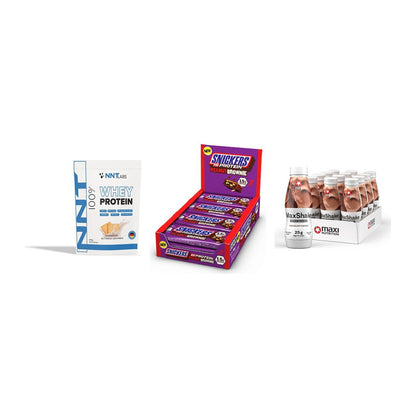 Schokolade Geschmacks-Trio: NNT Whey + 3× Snickers + 2× MaxiNutritio – alle enthaltenen Artikel