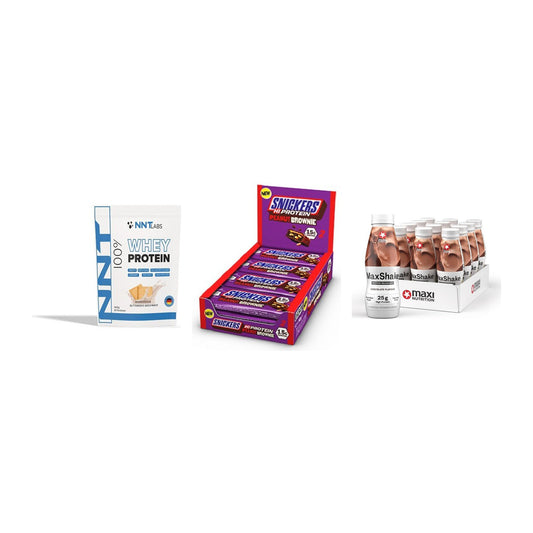 Schokolade Geschmacks-Trio: NNT Whey + 3× Snickers + 2× MaxiNutritio – alle enthaltenen Artikel