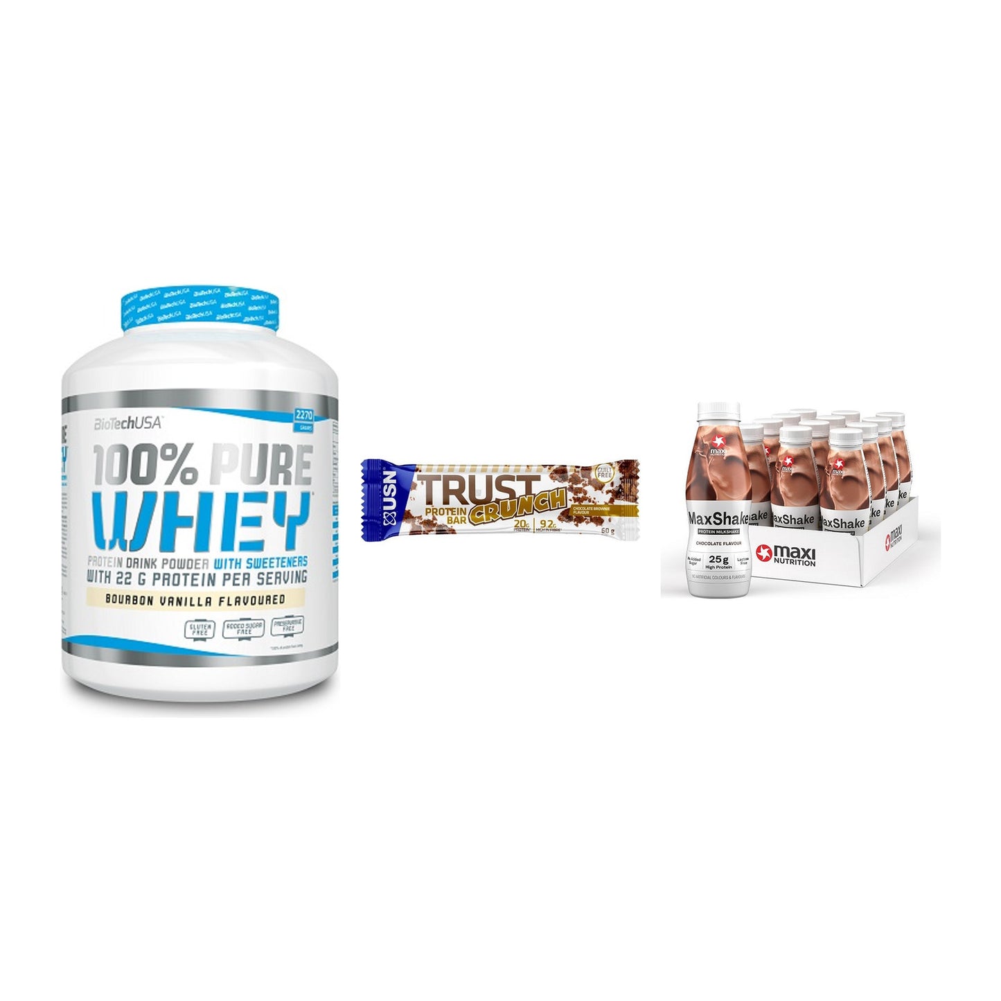 Schokolade Geschmacks-Trio: BioTech 100% + 3× USN TRUST + 1 weitere – alle enthaltenen Artikel