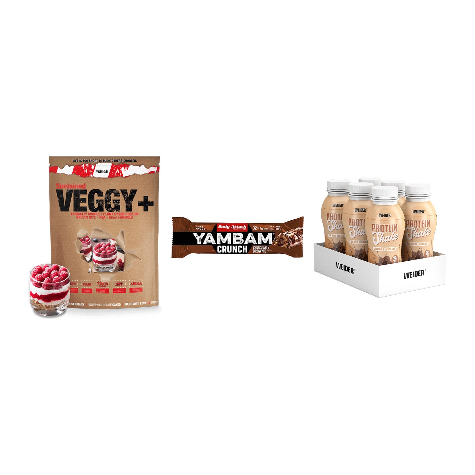 Schokolade Geschmacks-Trio: Sinob VEGGY + 3× Body Attack + 1 weitere – alle enthaltenen Artikel