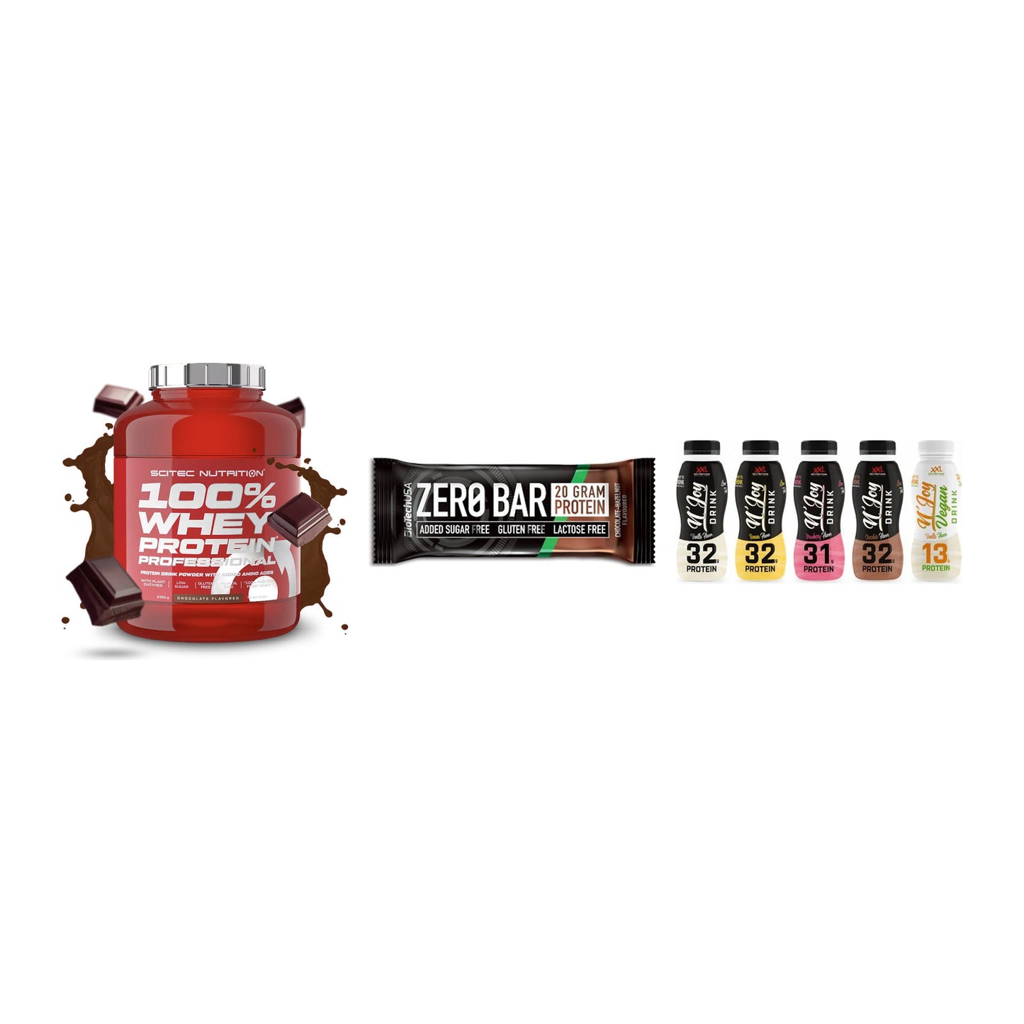 Schokolade Geschmacks-Trio: Scitec 100% + 3× BioTech Zero + 1 weitere – alle enthaltenen Artikel