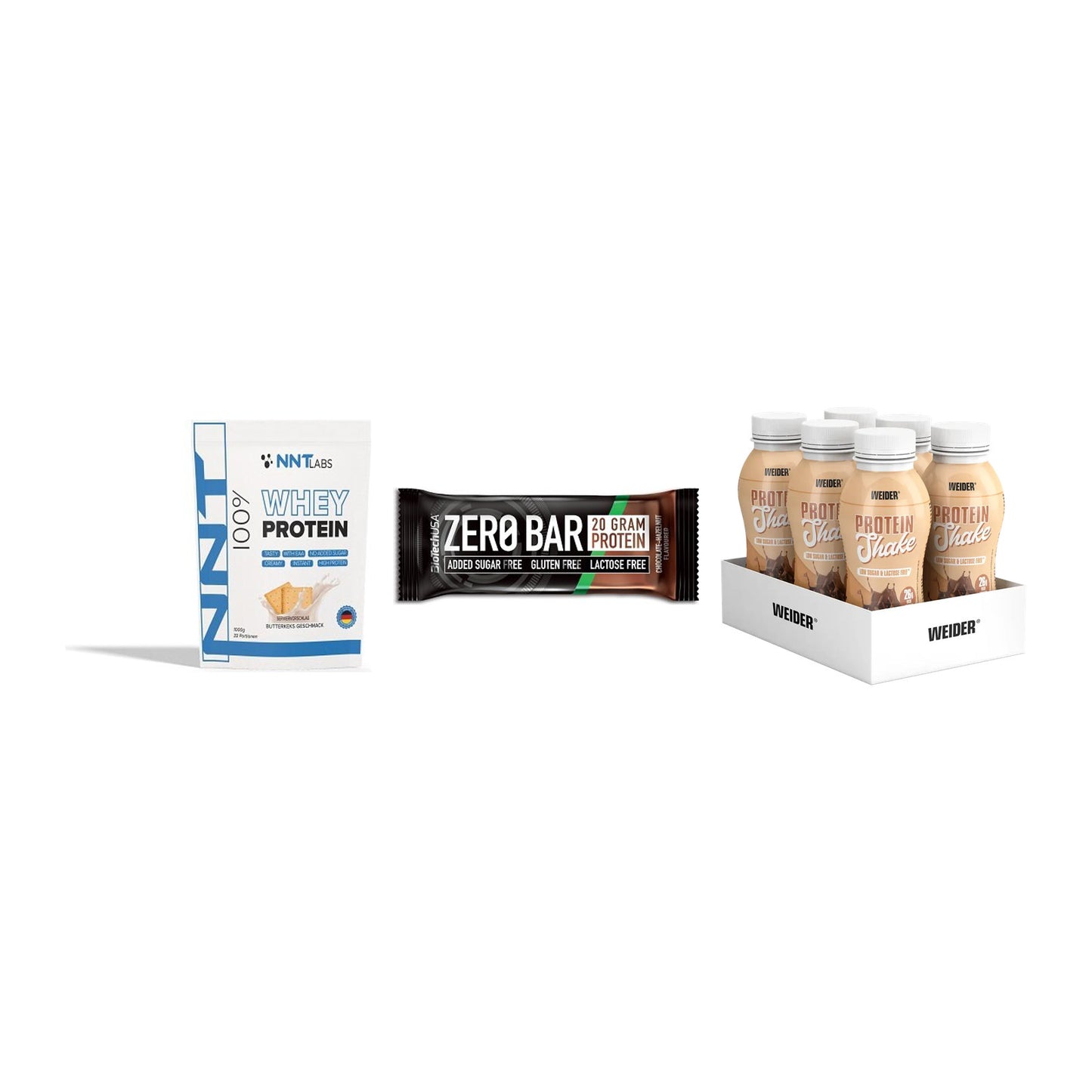 Schokolade Geschmacks-Trio: NNT Whey + 3× BioTech Zero Bar + 1 weitere – alle enthaltenen Artikel