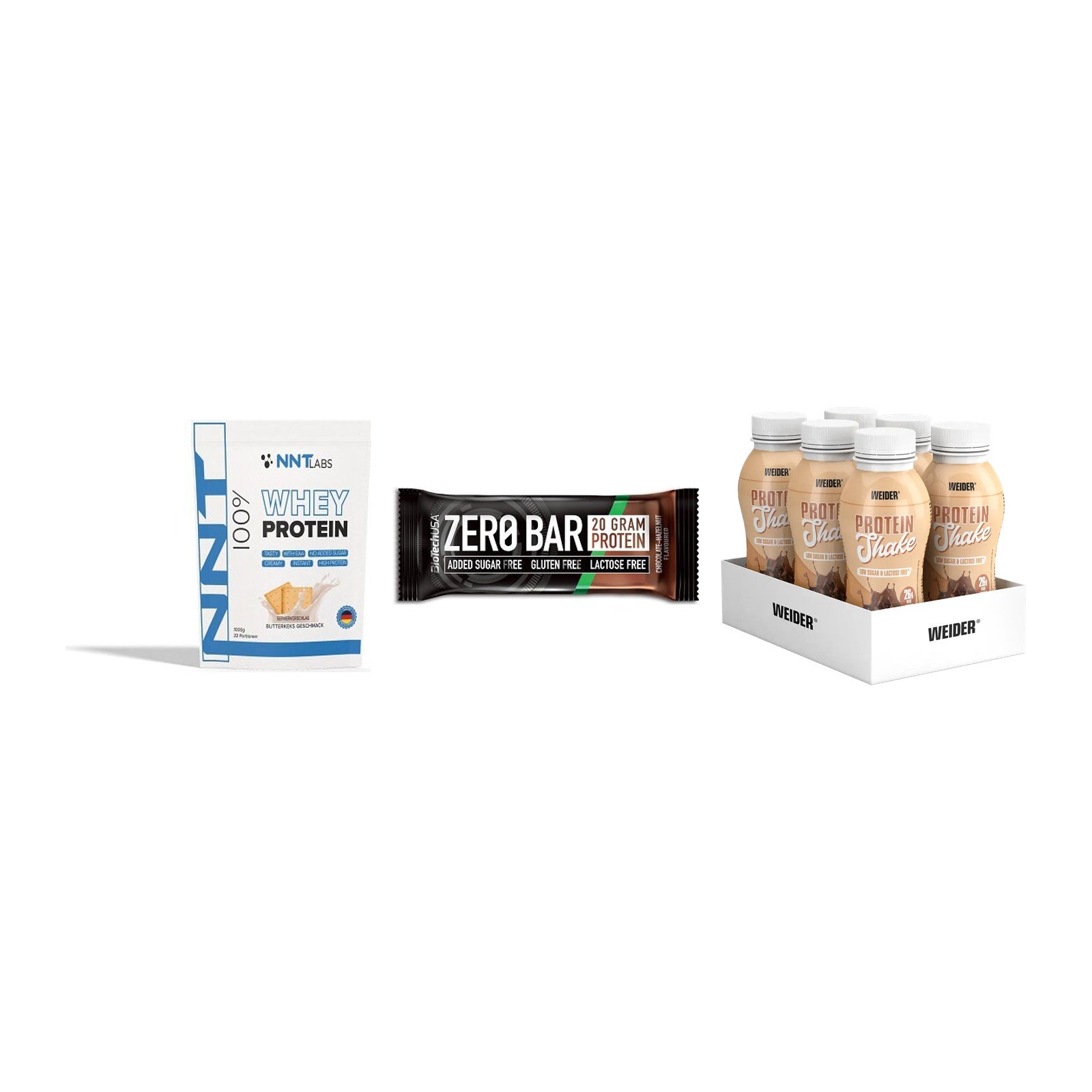 Schokolade Geschmacks-Trio: NNT Whey + 3× BioTech Zero Bar + 1 weitere – alle enthaltenen Artikel