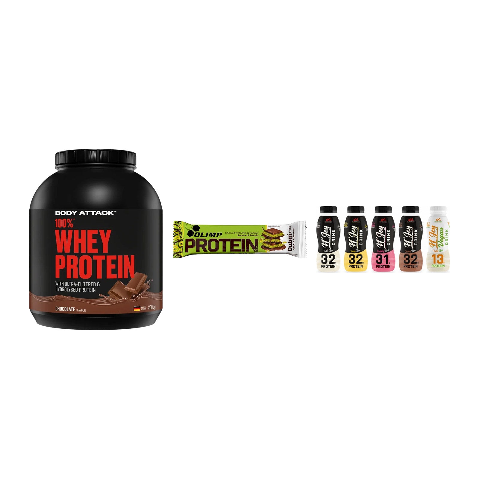 Schokolade Geschmacks-Trio: Body Attack + 3× Olimp Protein + 1 weitere – alle enthaltenen Artikel