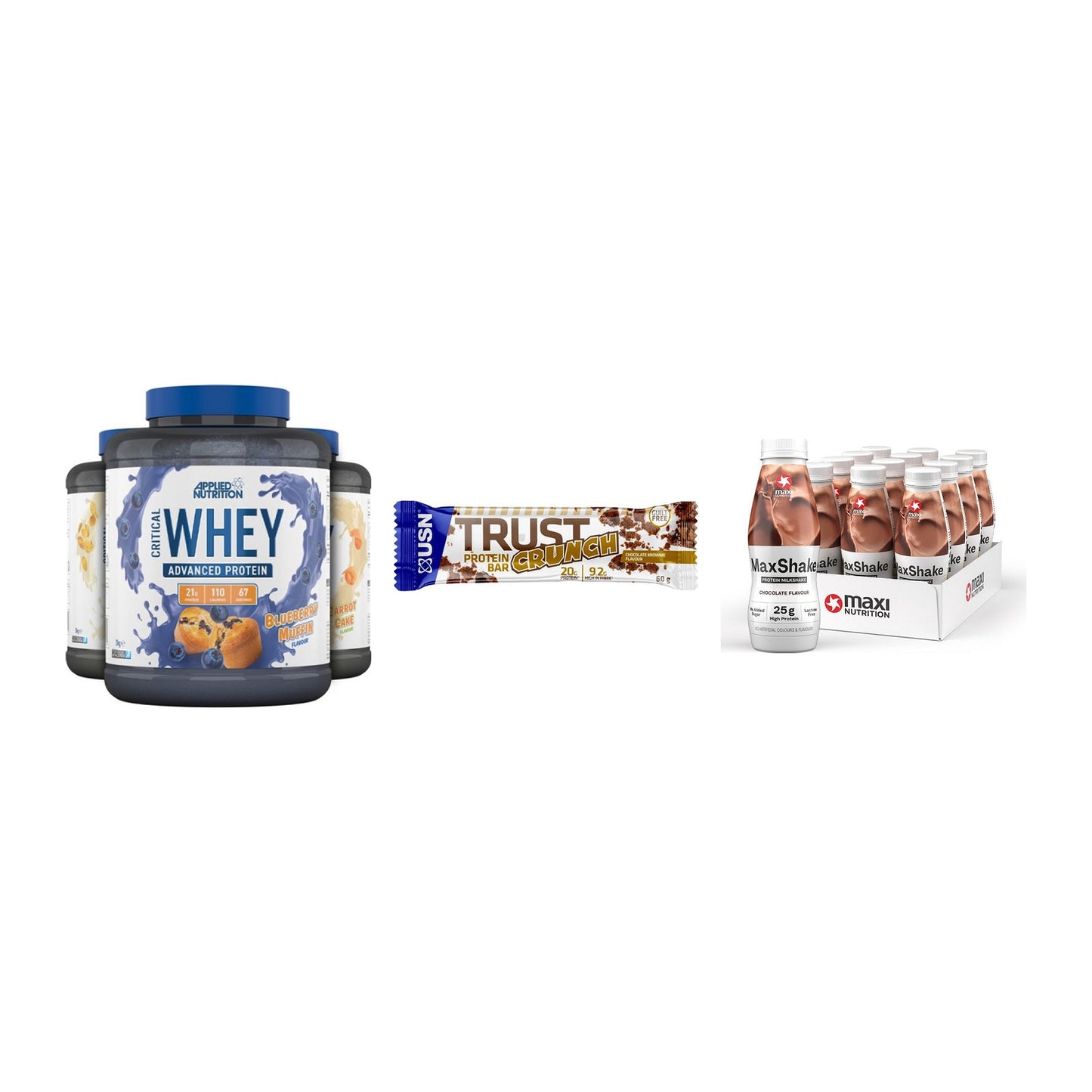 Schokolade Geschmacks-Trio: Applied + 3× USN TRUST + 2× MaxiNutritio – alle enthaltenen Artikel
