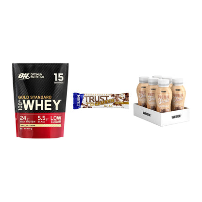 Schokolade Geschmacks-Trio: ON Whey Gold + 3× USN TRUST + 1 weitere – alle enthaltenen Artikel