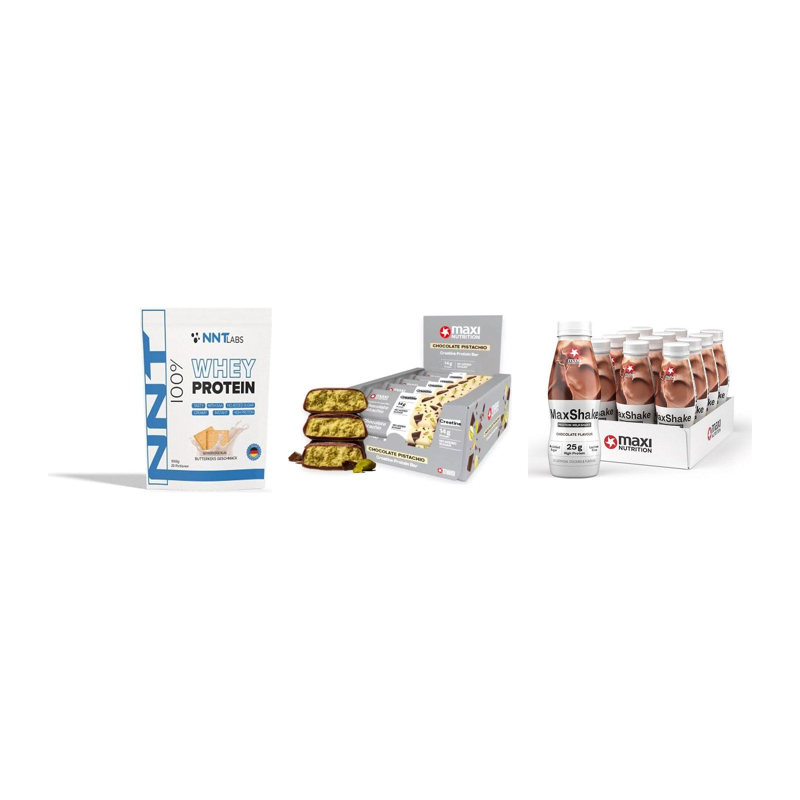 Schokolade Geschmacks-Trio: NNT Whey + 3× MaxiNutrition + 1 weitere – alle enthaltenen Artikel