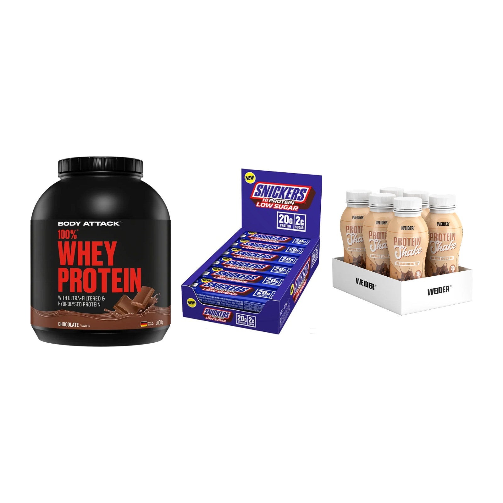 Schokolade Geschmacks-Trio: Body Attack + 3× Snickers LOW + 1 weitere – alle enthaltenen Artikel