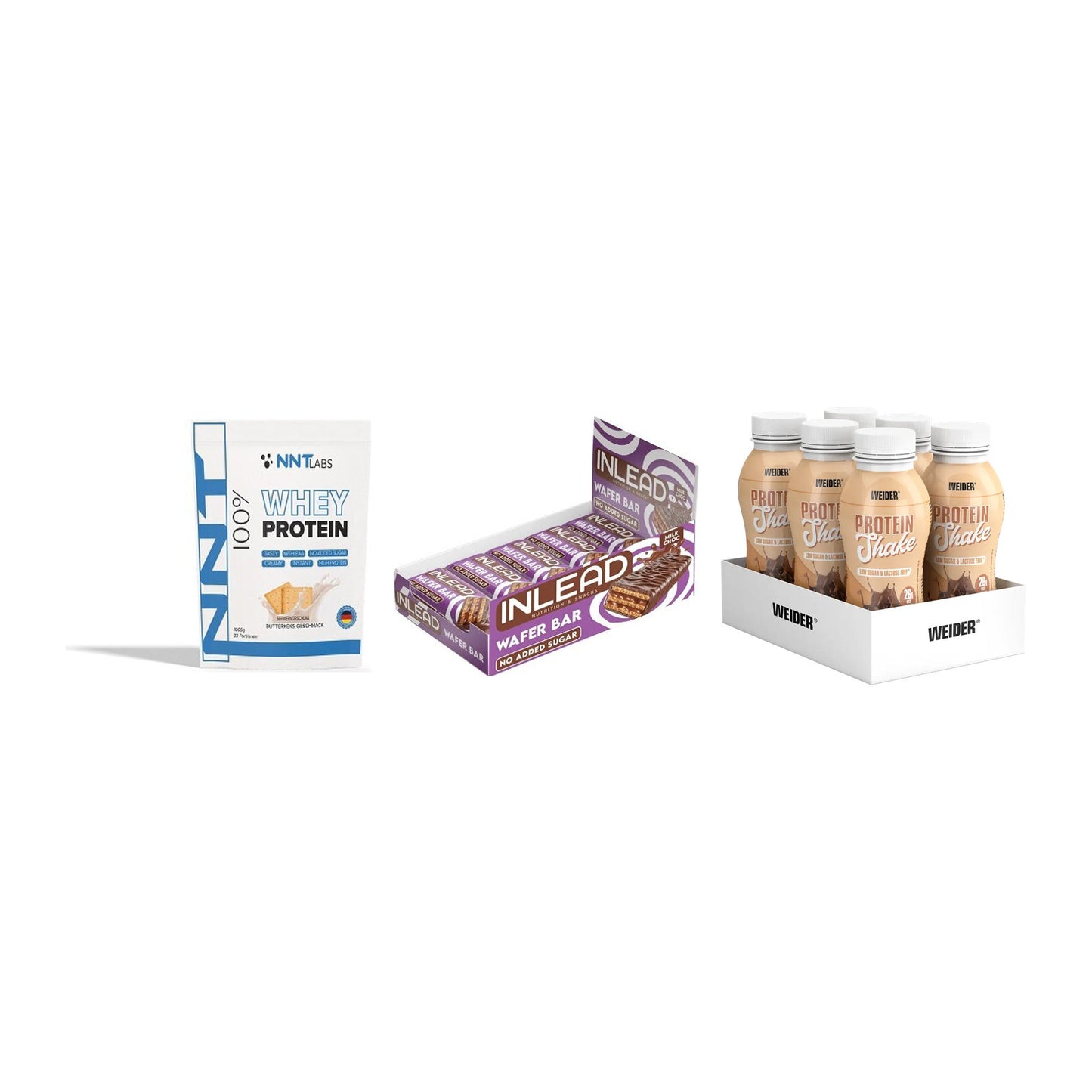 Schokolade Geschmacks-Trio: NNT Whey + 3× INLEAD Wafer Bar + 1 weitere – alle enthaltenen Artikel