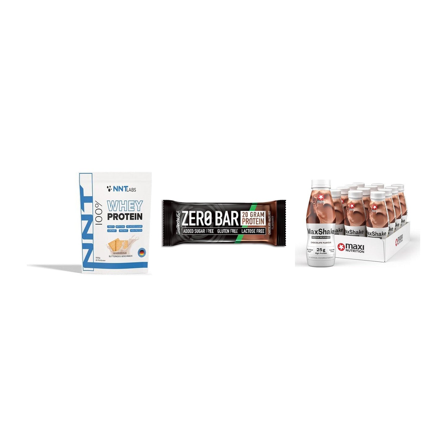 Schokolade Geschmacks-Trio: NNT Whey + 3× BioTech Zero Bar + 1 weitere – alle enthaltenen Artikel