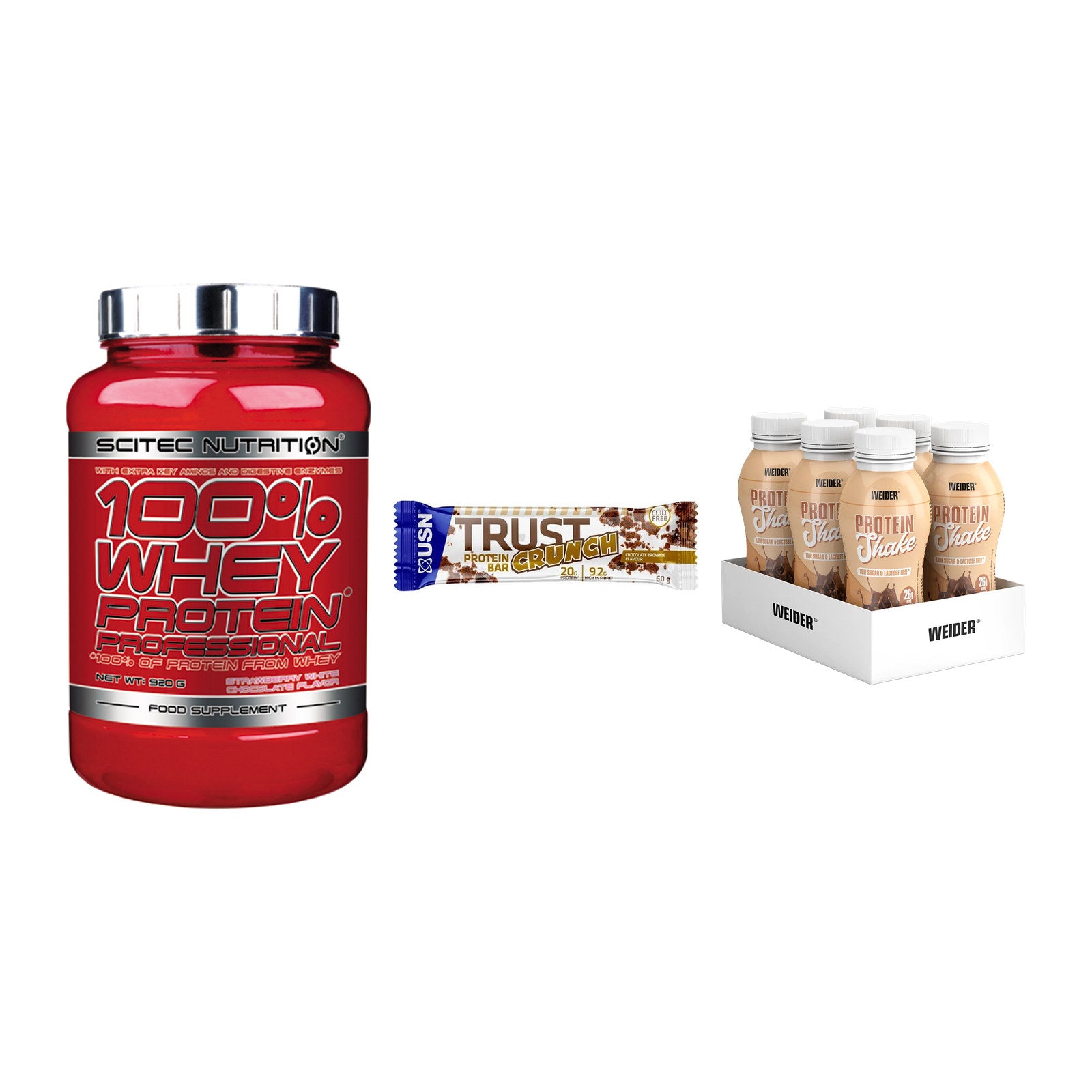 Schokolade Geschmacks-Trio: Scitec 100% + 3× USN TRUST + 1 weitere – alle enthaltenen Artikel