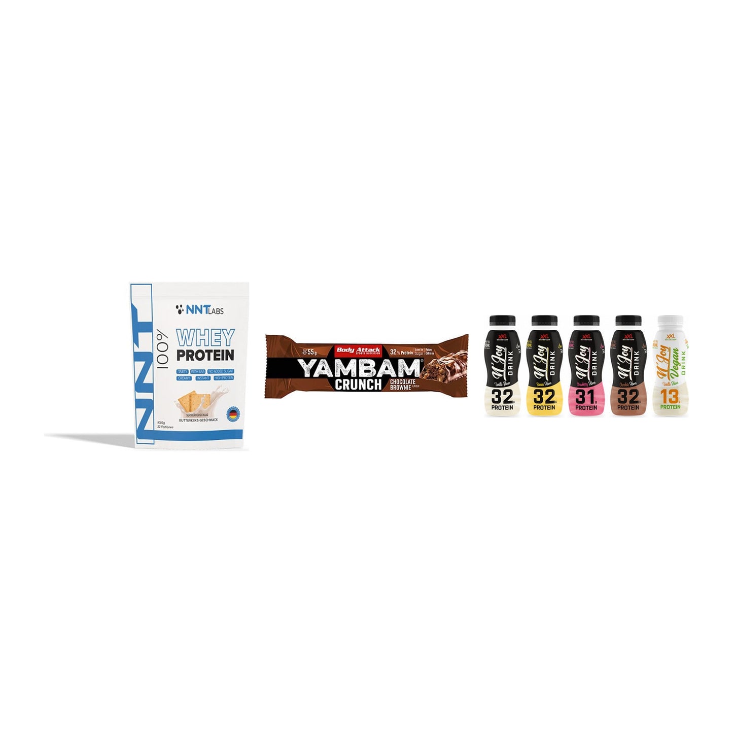 Schokolade Geschmacks-Trio: NNT Whey + 3× Body Attack + 1 weitere – alle enthaltenen Artikel