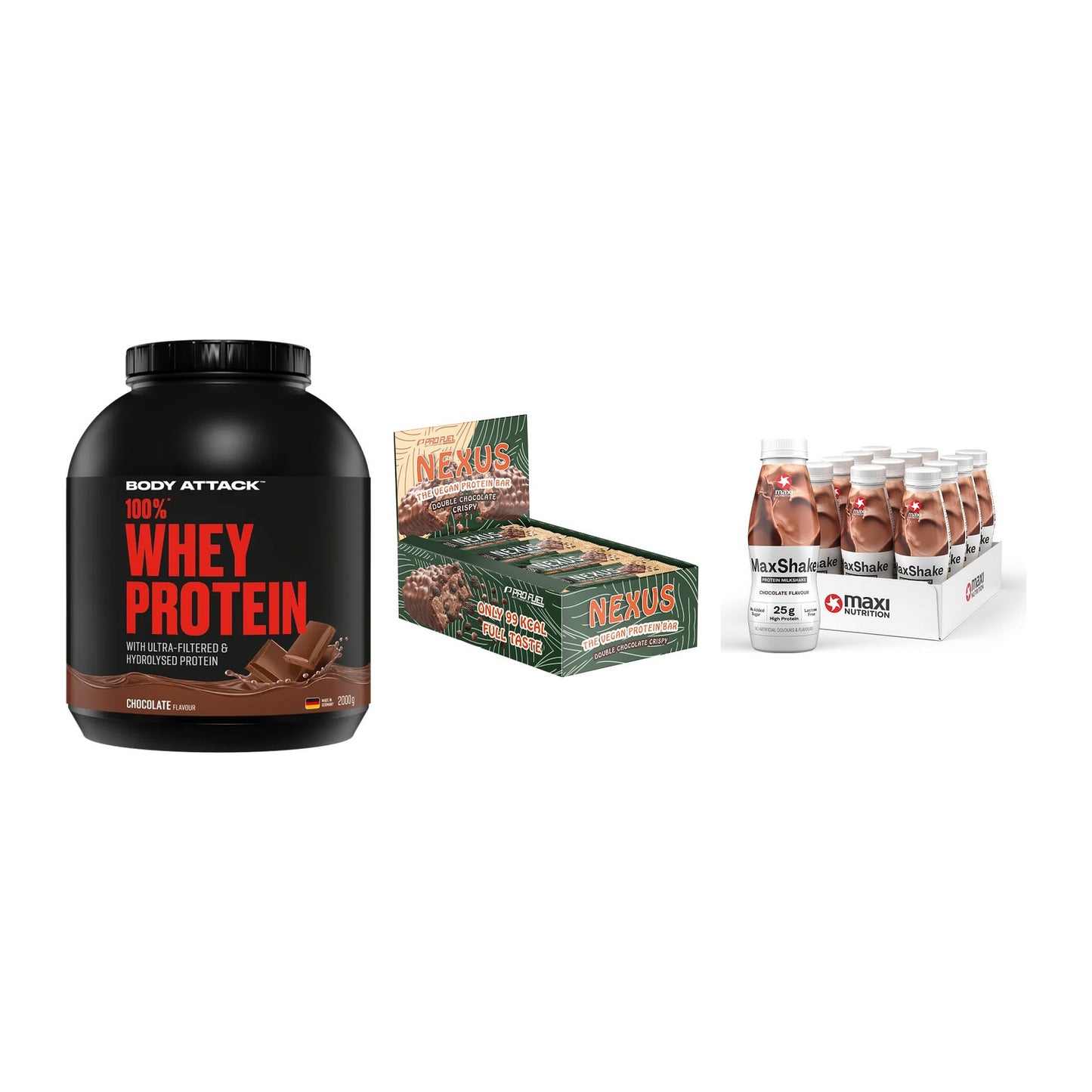 Schokolade Geschmacks-Trio: Body Attack + 3× ProFuel + 2× MaxiNutritio – alle enthaltenen Artikel