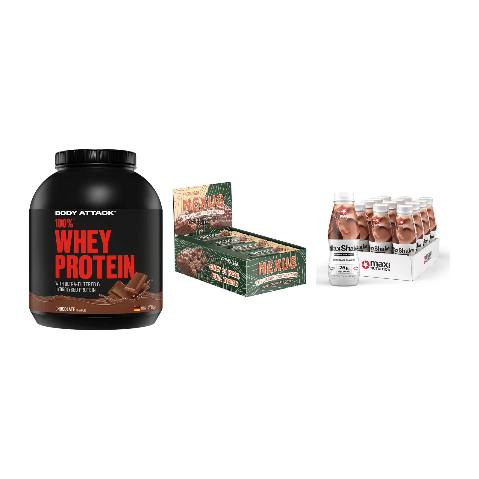 Schokolade Geschmacks-Trio: Body Attack + 3× ProFuel + 2× MaxiNutritio – alle enthaltenen Artikel