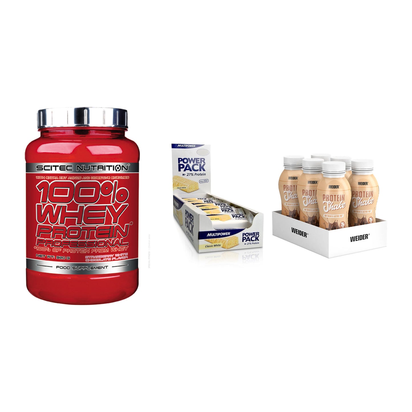 Schokolade Geschmacks-Trio: Scitec 100% + 3× Multipower + 1 weitere – alle enthaltenen Artikel