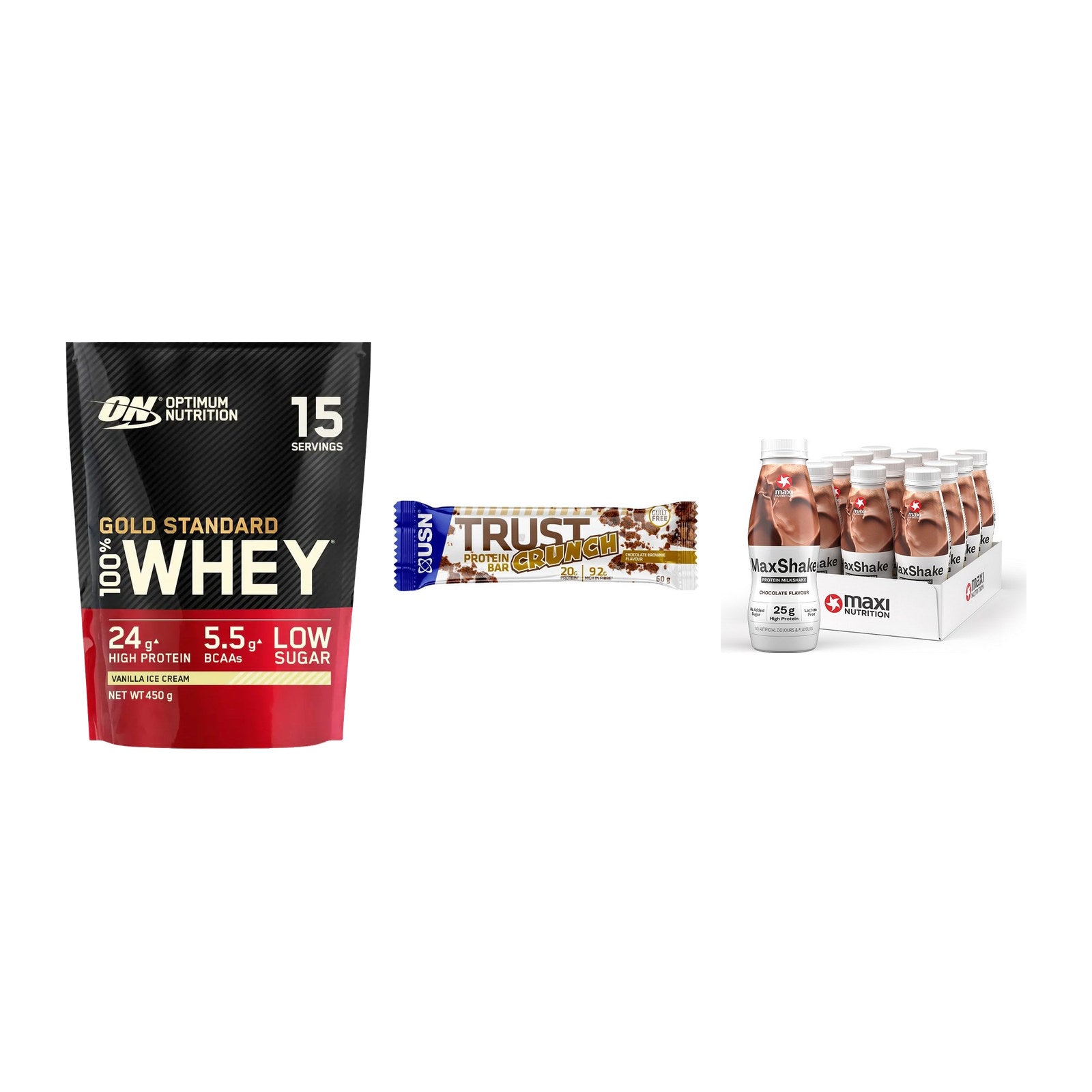 Schokolade Geschmacks-Trio: ON Whey Gold + 3× USN TRUST + 1 weitere – alle enthaltenen Artikel