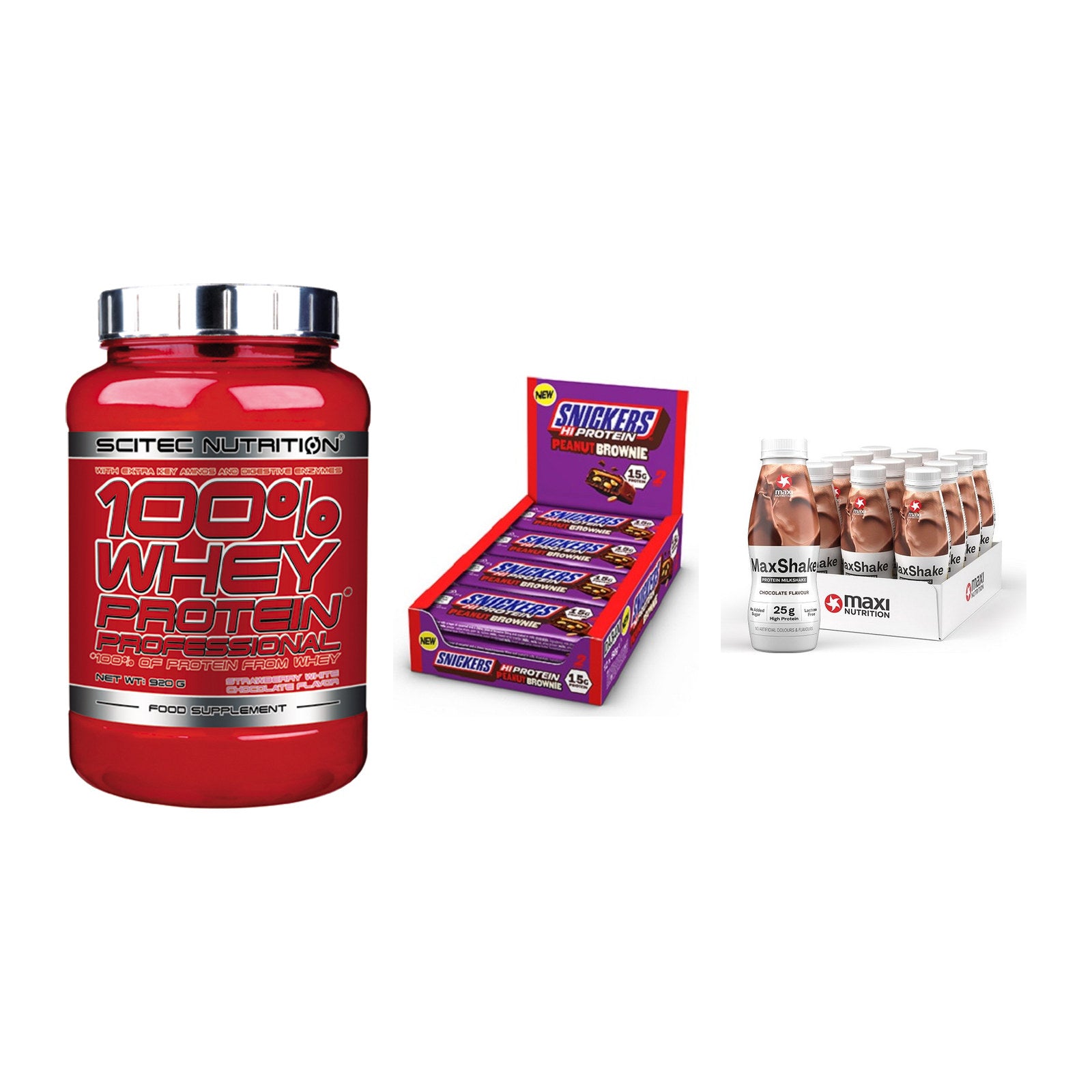 Schokolade Geschmacks-Trio: Scitec 100% + 3× Snickers High + 1 weitere – alle enthaltenen Artikel
