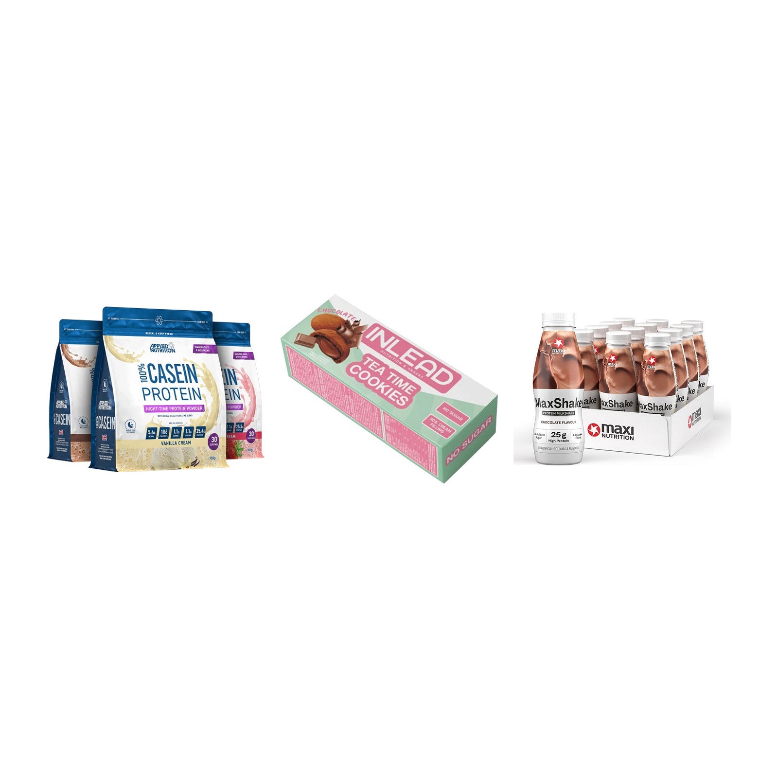 Schokolade Geschmacks-Trio: Applied + 3× INLEAD Tea + 2× MaxiNutritio – alle enthaltenen Artikel