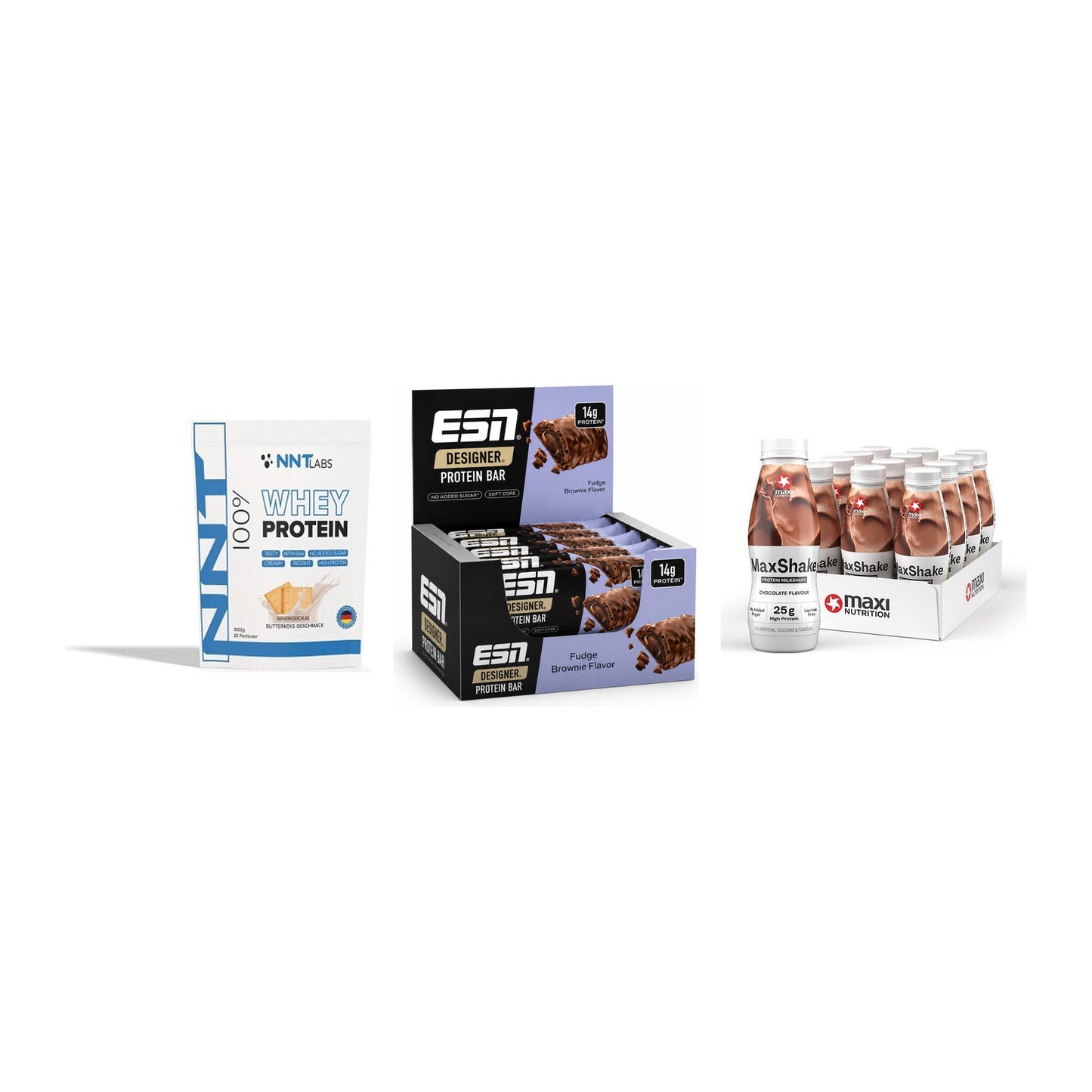 Schokolade Geschmacks-Trio: NNT Whey + 3× ESN Designer Bar + 1 weitere – alle enthaltenen Artikel