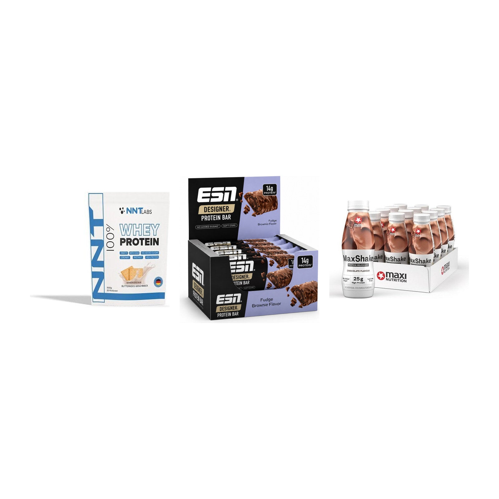 Schokolade Geschmacks-Trio: NNT Whey + 3× ESN Designer Bar + 1 weitere – alle enthaltenen Artikel