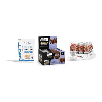 Schokolade Geschmacks-Trio: NNT Whey + 3× ESN Designer Bar + 1 weitere – alle enthaltenen Artikel