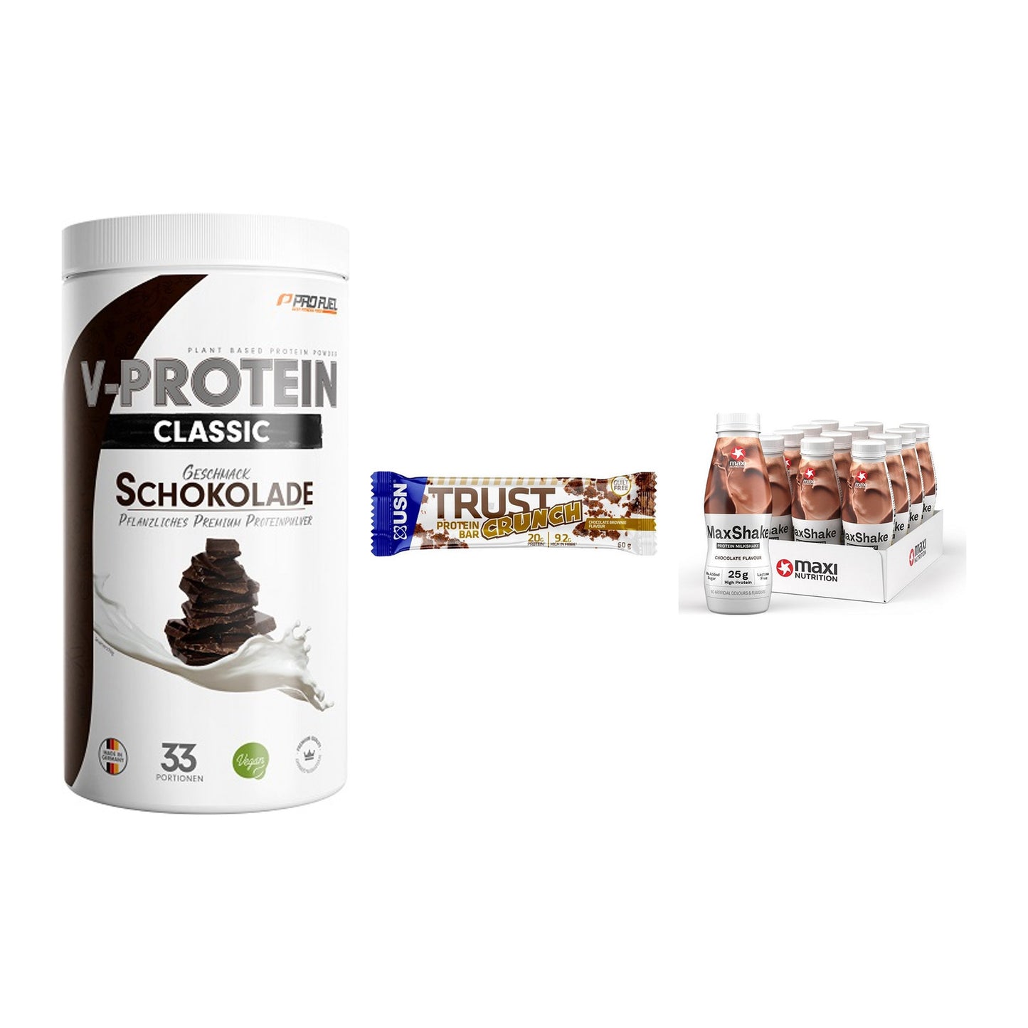 Schokolade Geschmacks-Trio: ProFuel + 3× USN TRUST + 2× MaxiNutritio – alle enthaltenen Artikel