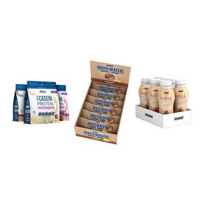 Schokolade Geschmacks-Trio: Applied + 3× Weider Whey + 2× Weider PROTE – alle enthaltenen Artikel