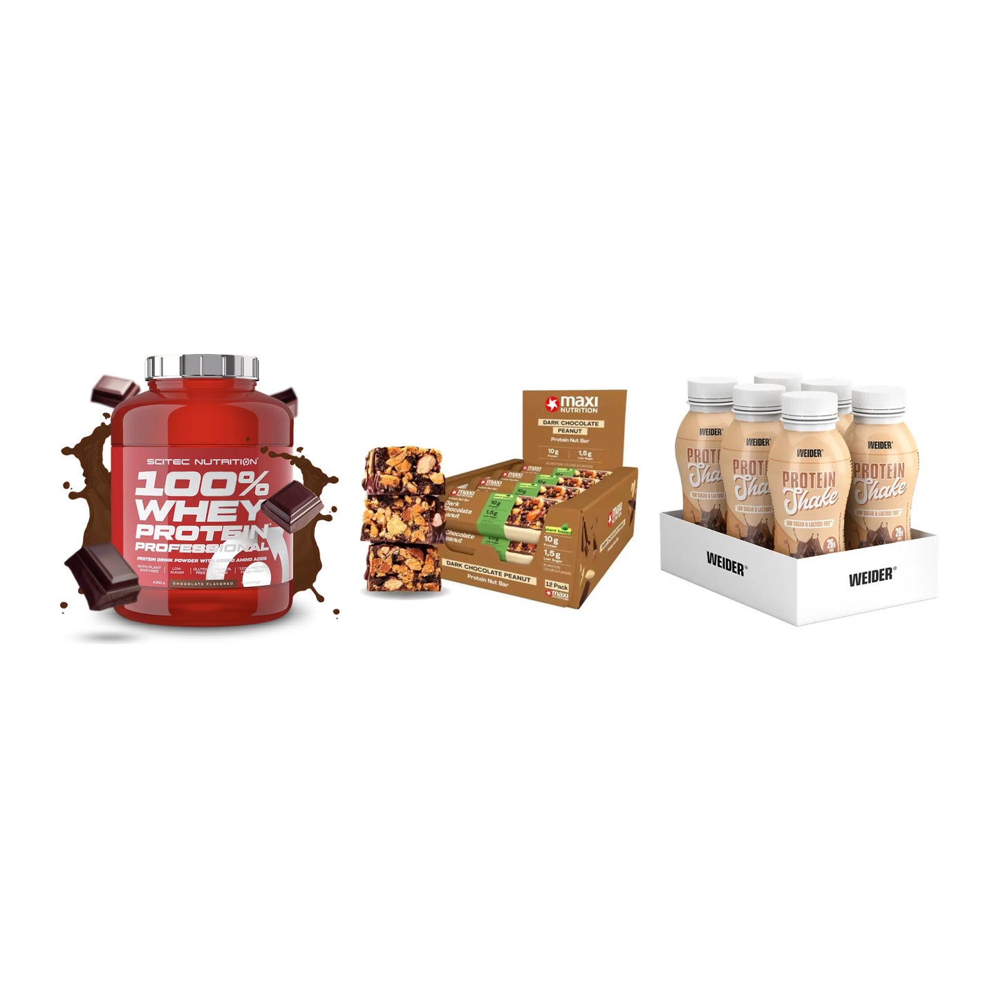 Schokolade Geschmacks-Trio: Scitec 100% + 3× MaxiNutrition + 1 weitere – alle enthaltenen Artikel