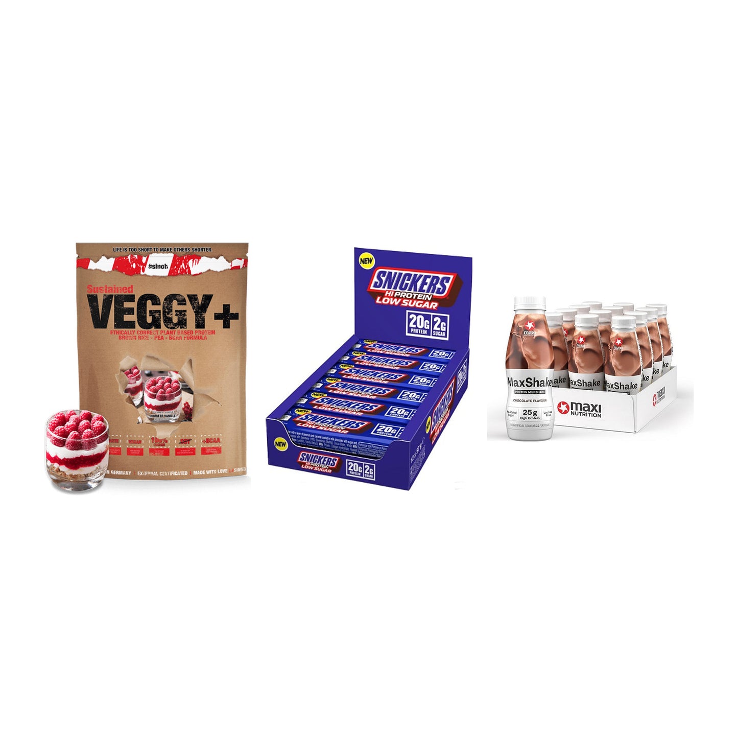 Schokolade Geschmacks-Trio: Sinob VEGGY + 3× Snickers LOW + 1 weitere – alle enthaltenen Artikel
