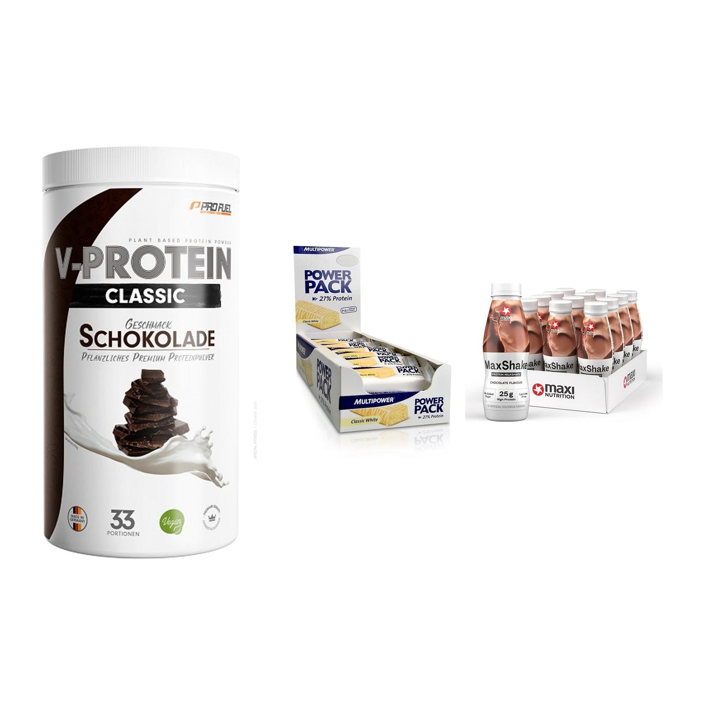 Schokolade Geschmacks-Trio: ProFuel + 3× Multipower + 2× MaxiNutritio – alle enthaltenen Artikel