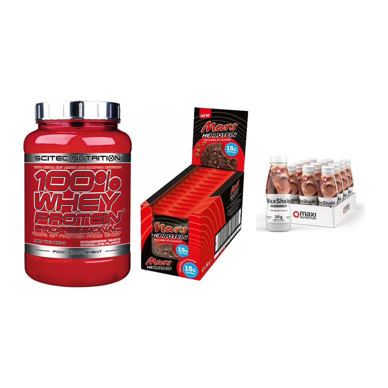 Schokolade Geschmacks-Trio: Scitec 100% + 3× Mars High + 1 weitere – alle enthaltenen Artikel
