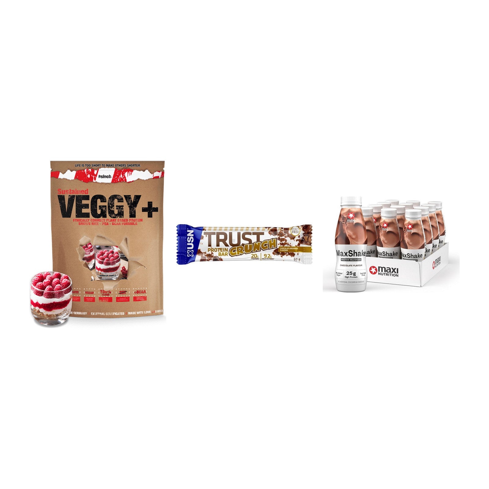 Schokolade Geschmacks-Trio: Sinob VEGGY + 3× USN TRUST + 1 weitere – alle enthaltenen Artikel