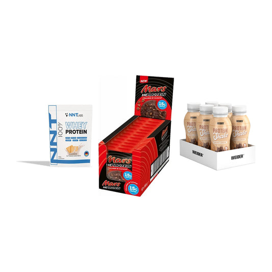 Schokolade Geschmacks-Trio: NNT Whey + 3× Mars High + 2× Weider PROTE – alle enthaltenen Artikel