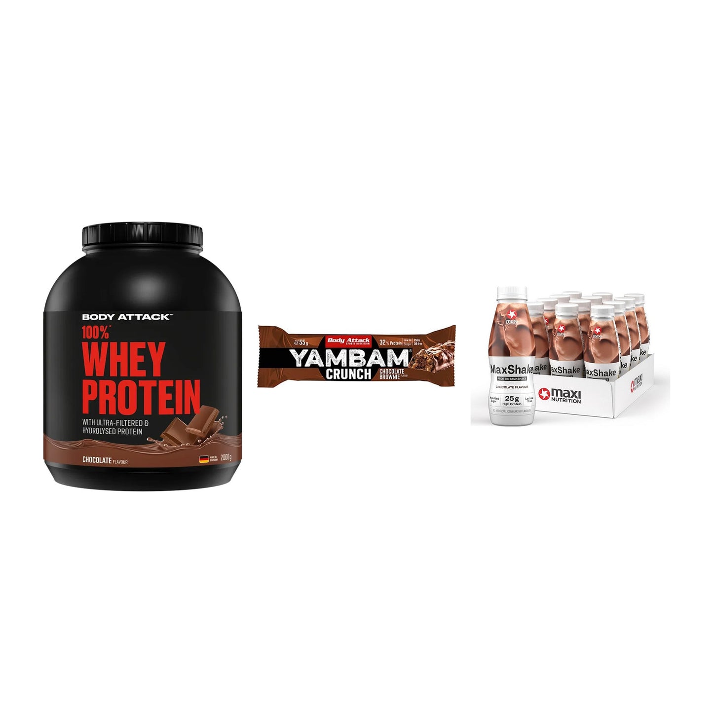 Schokolade Geschmacks-Trio: Body Attack 100% Whey Protein + 2 weitere – alle enthaltenen Artikel