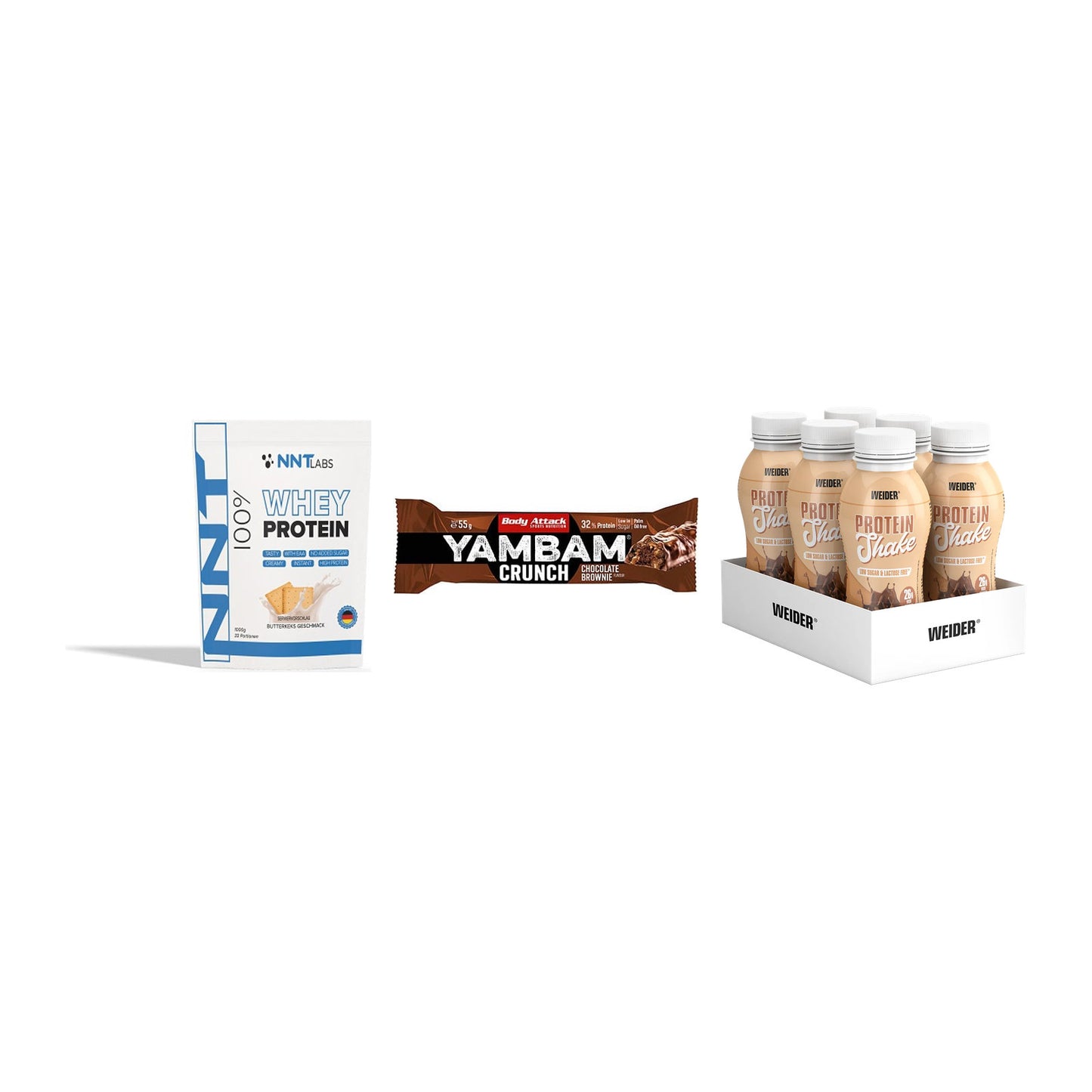 Schokolade Geschmacks-Trio: NNT Whey + 3× Body Attack + 1 weitere – alle enthaltenen Artikel