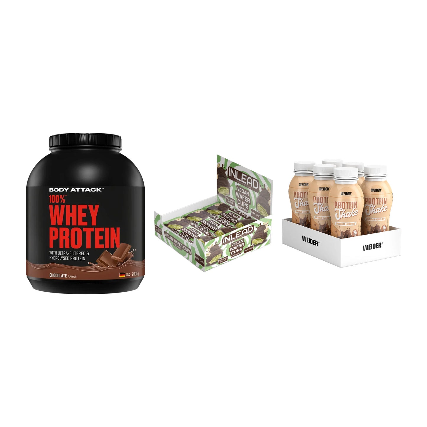 Schokolade Geschmacks-Trio: Body Attack + 3× INLEAD Wafer + 1 weitere – alle enthaltenen Artikel