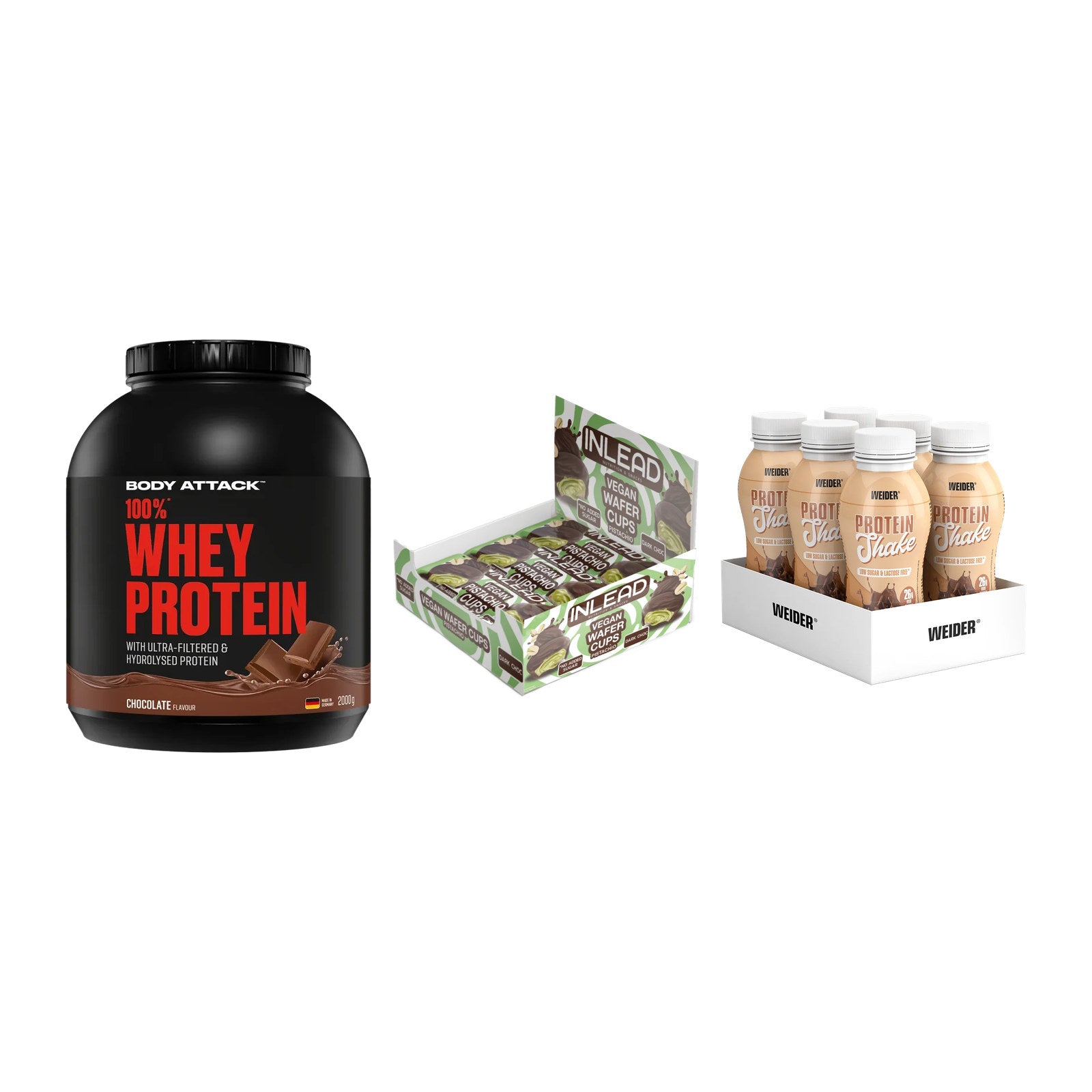 Schokolade Geschmacks-Trio: Body Attack + 3× INLEAD Wafer + 1 weitere – alle enthaltenen Artikel