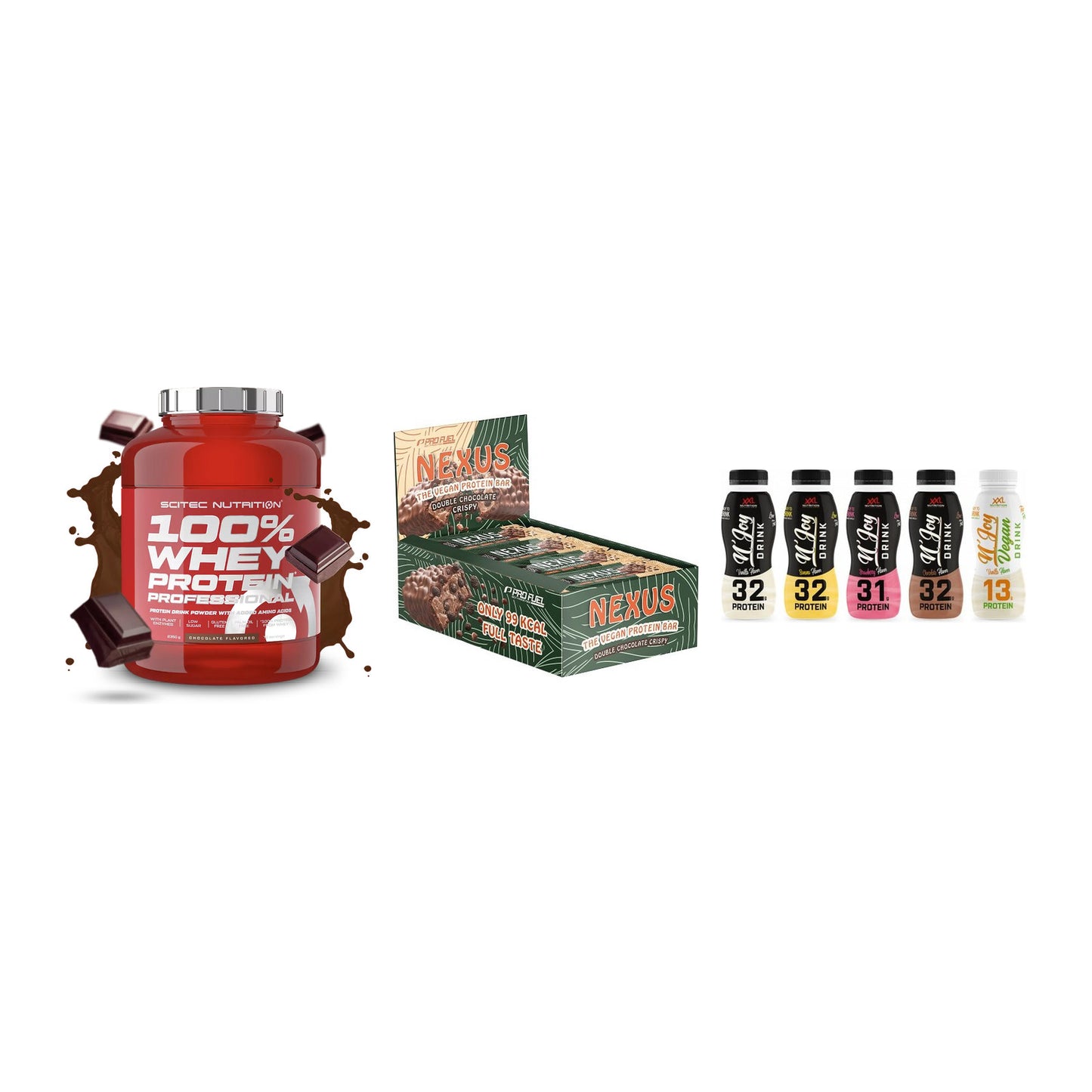 Schokolade Geschmacks-Trio: Scitec 100% + 3× ProFuel + 2× XXL Nutritio – alle enthaltenen Artikel