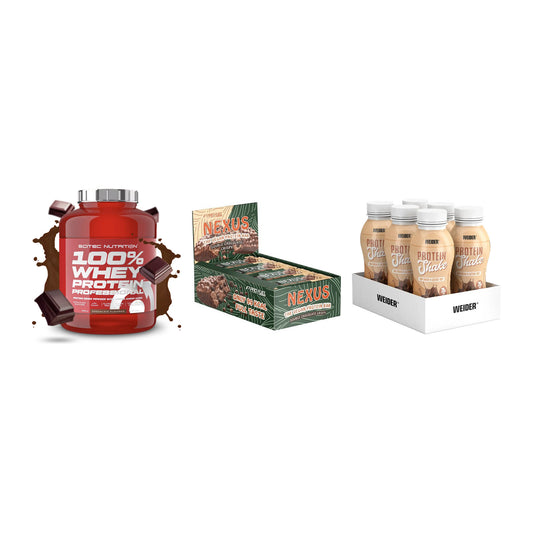 Schokolade Geschmacks-Trio: Scitec 100% + 3× ProFuel + 2× Weider PROTE – alle enthaltenen Artikel